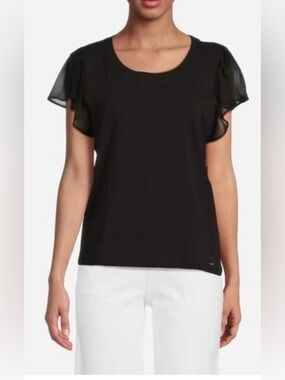 👗Calvin Klein Navy Ruffle-Sleeve Scoop Neck Blouse